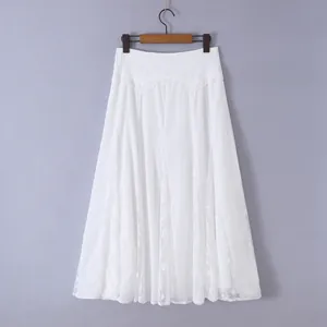 Franse stijl witte midi-rok met kanten inzetstukken en hoge taille