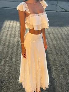 Franse Vintage Kant Patchwork Ruffles Crop Top En Maxi Rok Set Wit Tweedelig Set Voor Dames Vakantie