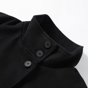 Dettaglio macro del colletto alla coreana e dei bottoni su un elegante cappotto di lana nero