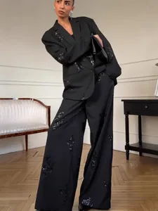 Women Fashion Sequin Embroidered Blazer And Wide Leg Pants Top And Bottom Elegant Floral Long Sleeve Formal Party Outfit