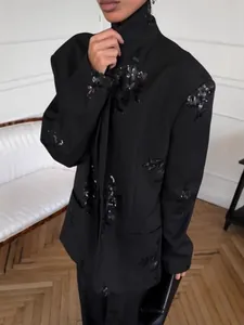 Elegant black sequin embroidered blazer and wide-leg trousers fashion set for women