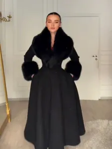 Manteau Long pour Femme Col en Fourrure Amovible Taille Cintrée Manteau en Laine Épais Chaud Élégant Hiver Noir Blanc