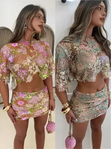 Women Summer Heavy Industry Floral Embroidered Sequin Top And Bottom Set Sexy Cropped Top Bodycon Mini Maxi Skirt Party Clubwear