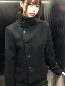 Giacca di Lana Imbottita Ispessita Coreana da Donna Collo Rialzato Bottone Giacca Corta Cappotto Tinta Unita Inverno Caldo