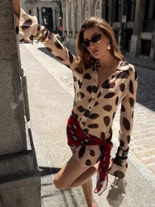 Stylish spotted print long sleeve shirt dress for women with matching red waist scarf