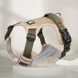 Detailed side view of a khaki vest-style dog harness with adjustable straps and reflective trim