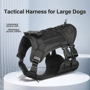 Detailed close-up of a black tactical dog harness vest with adjustable buckles and mesh.