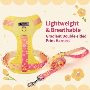 Detail view of yellow vest-style dog harness with leash and cute floral print patterns