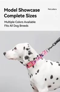 Camouflage pet collar and leash set worn by a Dalmatian dog in a studio setting