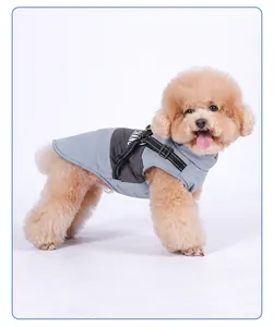 Detailed view of waterproof winter dog jacket with integrated harness and buckles