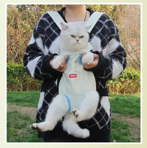 Comfortabele witte kat in een ademende rugzak voor huisdieren tijdens een wandeling buiten