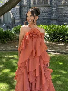 Women Resort Style 3D Flower Halter Backless Ruffle Maxi Dress Summer Chiffon Layered Tiered Backless Vacation Beach Party Long Dress