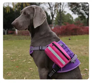 Detailaufnahme einer reflektierenden rosa taktischen Tasche an einem lila Hundegeschirr