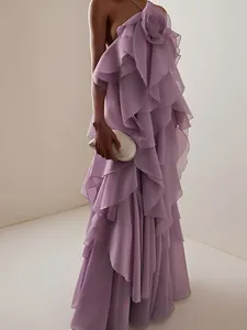 Elegant lavender halter maxi dress with 3D floral detail and ruffled tiers
