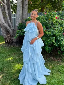 Elegant light blue 3D flower halter ruffle maxi dress for summer beach vacation