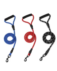 Set of three reflective nylon pet leashes in blue, red, and black with foam handles
