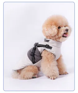 Warm waterproof winter dog vest jacket with integrated harness for small pets in beige