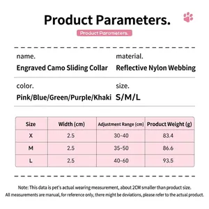 Detailed size chart for reflective camo dog collar available in pink, blue, and green colors.