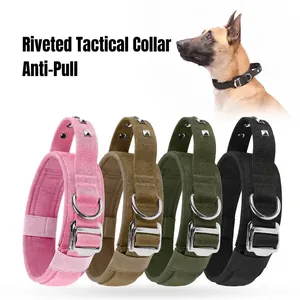 Heavy Duty Tactical Dog Collar With Rivets Adjustable Polyester Collar For Large Dogs Protective Training Outdoor Pet Collar