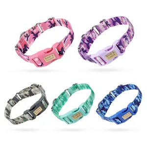Set of 5 vibrant camouflage dog collars with personalized metal ID name plates.