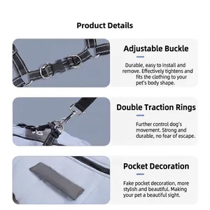 Detailed views of waterproof winter dog coat with adjustable harness buckles and rings