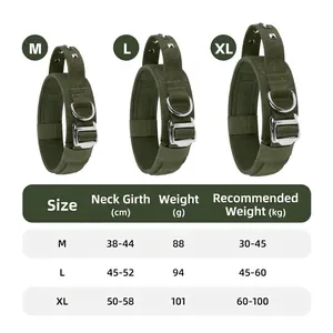 Tactical dog collar for large dogs with rivets in army green, size chart view