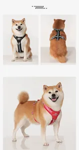 Detail view of anti-pull checkered dog harness on a Shiba Inu from multiple angles.
