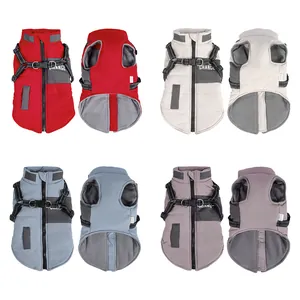 Waterproof winter dog jacket with integrated harness and fleece lining in four colors