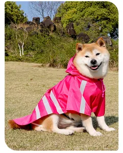 Primer plano de un Shiba Inu con un poncho impermeable rosa para perros con tiras reflectantes