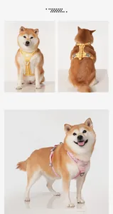 Professional yellow and pink checkerboard dog harness vest for Shiba Inu and small dogs