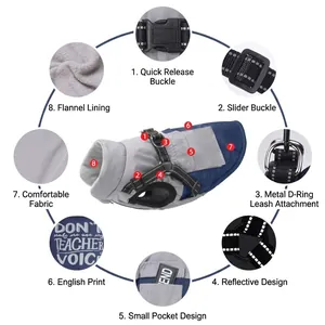Reflective waterproof dog winter jacket with leash ring, fleece lining, and buckle