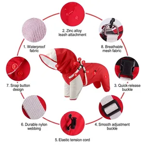 Impermeable para perros rojo y blanco con malla transpirable y anillo en D