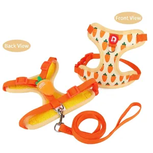 Orange carrot print dog harness and leash set for small dogs, breathable vest style