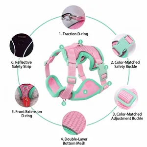 Atmungsaktives Brustgeschirr für kleine Hunde mit Reflexstreifen in Pink und Minzgrün