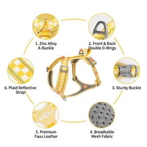 Yellow checkered dog harness with reflective webbing and breathable mesh fabric
