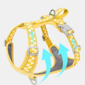 Yellow checkered dog harness with breathable mesh and reflective strips for pets