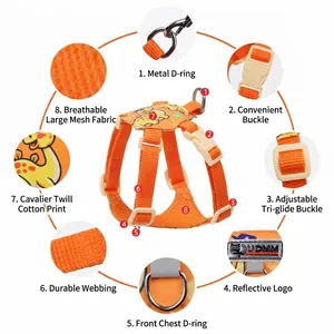 Comfortable orange breathable dog cat harness with cute animal print and metal buckles