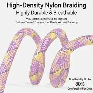 High-density braided nylon pet leash featuring a vibrant purple and yellow checkered pattern