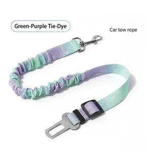 Ceinture de sécurité réglable pour chien motif tie-dye vert et violet avec laisse