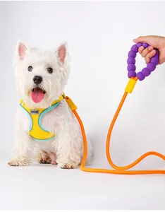 Vibrant orange rope dog leash featuring a comfortable purple foam bubble handle