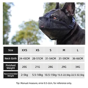 Ademende mesh snuit voor Franse bulldogs met verstelbare nekbanden en een maattabel