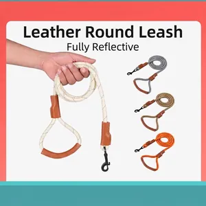 Reflective Nylon P-Rope Dog Leash With Leather Handle Heavy Duty Braided Pull Training Lead For Small Medium Dogs Outdoor