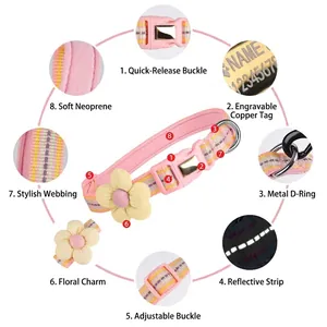 Collier personnalisé rose pour chien et chat avec fleur et bande réfléchissante