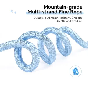 Close-up of light blue climbing-grade braided pet leash with spiral design