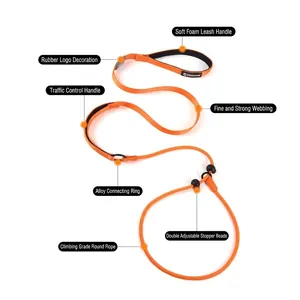 Adjustable orange P-chain dog leash with dual foam handles for training large dogs