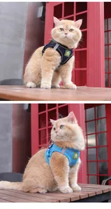 Reflective breathable mesh pet harness for cats in navy and light blue detail shots.