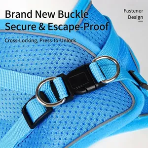 Breathable reflective blue mesh pet harness featuring a secure quick-release buckle