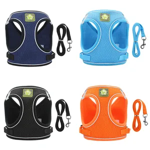 Reflective breathable mesh dog harness and leash set in four vibrant colors