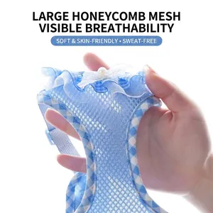 Breathable blue honeycomb mesh dog harness with cute lace and adjustable Hepburn style strap