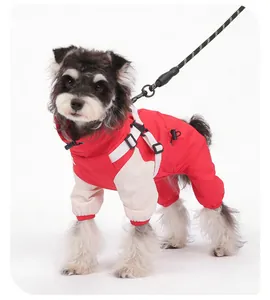 Full coverage waterproof dog jumpsuit in red and white for outdoor rain protection.